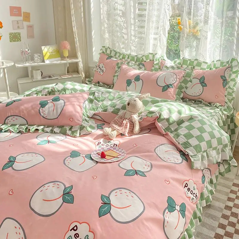 Pink Korean Princess Bedding Set No Filling Cute Strawberry Duvet Cover Checkerboard Single Queen Size Bed Linen Pillowcases