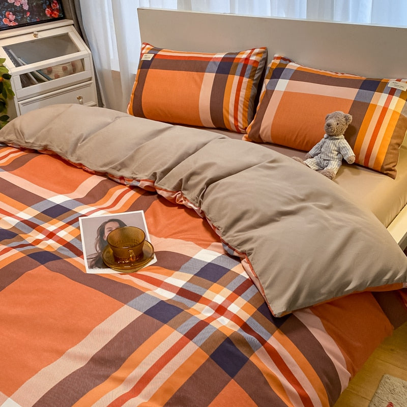 100% Cotton Plaid Geometric Bedding Set  Bed Sheet Pillowcase Fashion Jersey Knit Bed Linens