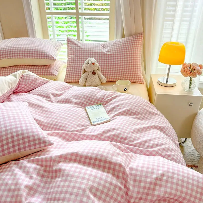 Green Nordic Bedding Set Ins Plaid Girls Boys Double Queen Size Duvet Cover Flat Sheet Pillowcase New No Filler Bed Linens