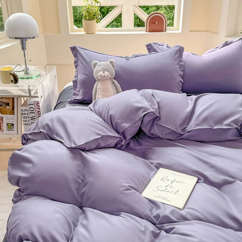 Nordic Solid Color Duvet Cover Set with Zipper Girls New Flat Bed Sheet Pillowcases No Filler Double Queen Size Bedding Linens