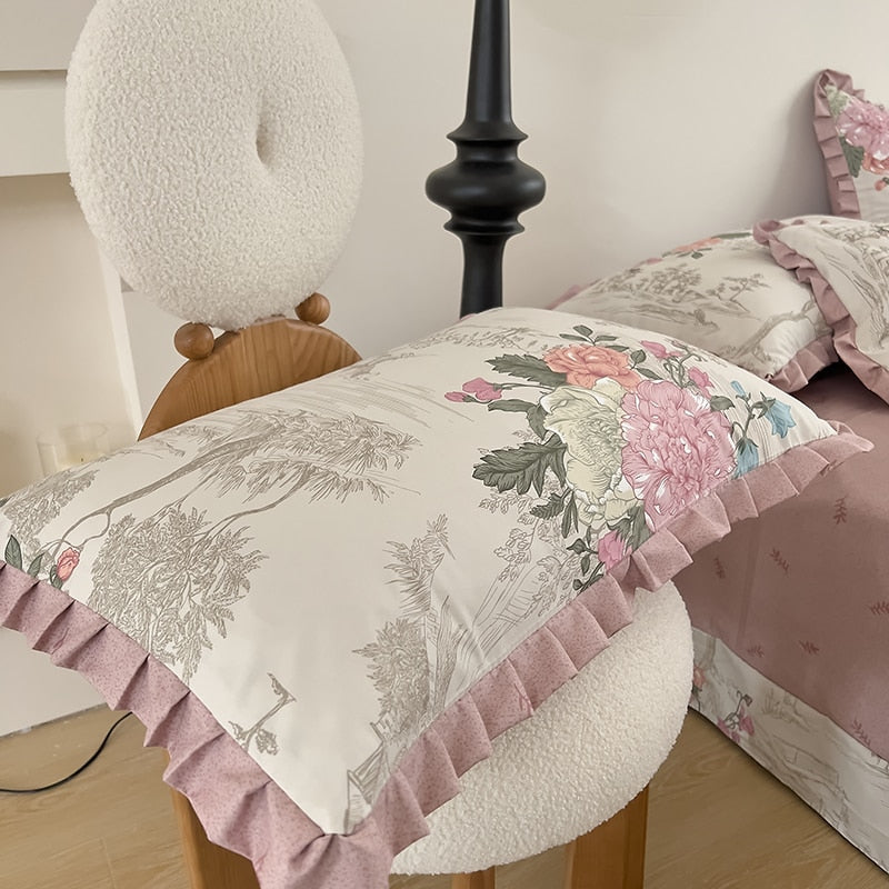 Korean Princess Style Ruffles Bedding Set Duvet Cover Set Flower Printing Quilt Cover Bed Sheet Or Fitted Sheet With Pillowcases