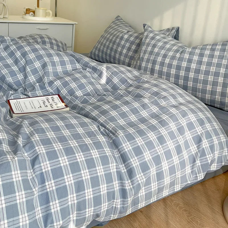 Green Nordic Bedding Set Ins Plaid Girls Boys Double Queen Size Duvet Cover Flat Sheet Pillowcase New No Filler Bed Linens