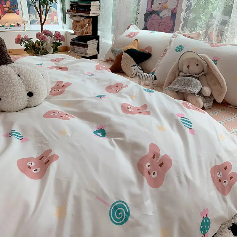 Fashion Duvet Cover Set Korean Ins Style New Flat Sheet Pillowcase No Filler Kids Adult Bedding Kit Twin Queen Bed Linen