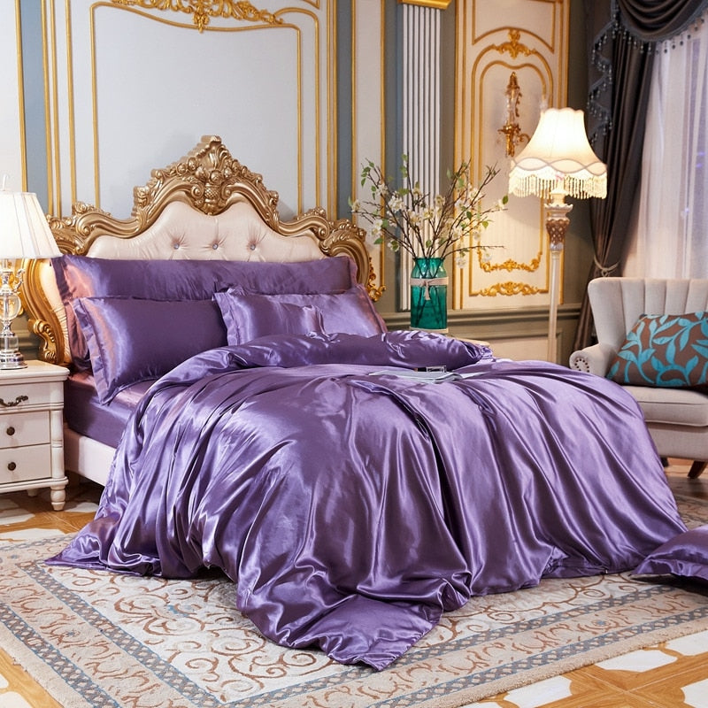 Solid Color Bedding Set with Mulberry Silk Duvet Cover Bed Sheet Pillowcase Luxury Satin Bedsheet King Queen Double Twin Size