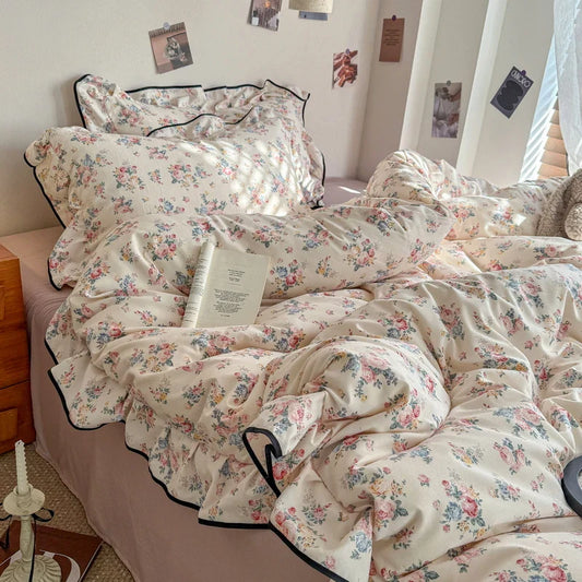 Korean Style Floral Ruffles Knitted Double Yarn Bedding Set Double King Queen Size Duvet Cover Flat/Fitted Bed Sheet Pillowcases