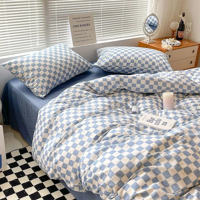 Nordic Simple Small Check Dark Green Bedding Set Soft High Quality Quilt Cover Polyester Aesthetic Bed Sheet With Pillowcases
