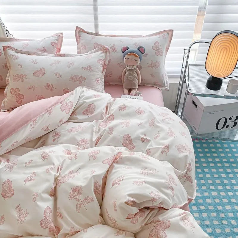 Green Floral Duvet Cover Set No Filler Pillowcase Flat Sheet Fashion Single Queen Size Girls Blanket Decoration Bedding Set