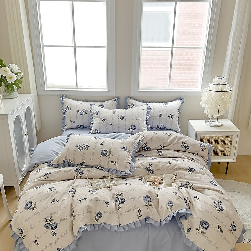 Korean Princess Style Ruffles Bedding Set Duvet Cover Set Flower Printing Quilt Cover Bed Sheet Or Fitted Sheet With Pillowcases