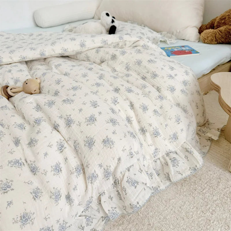 Korean Baby Girl Crib Bedding Set Bunny Rose Cherry Floral Cotton Muslin Cot Bedding Kit Duvet Cover Pillowcase No Filler