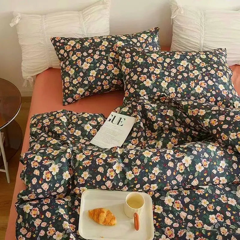 Ins Retro Flower Bedding Set Flat Bed Sheet Pillowcase Twin Full Queen Size Bed Linen Women Girls Caramel Floral Duvet Cover Set