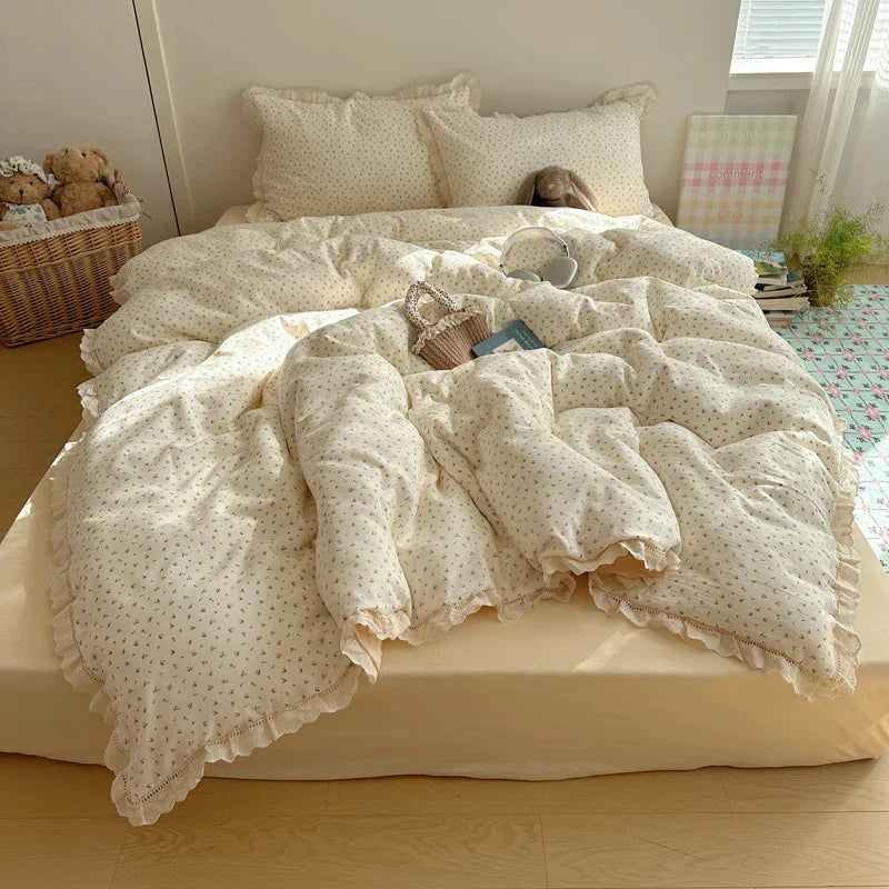 Ins Bedding Set Princess Floral Lace Simple 4pcs Bedding for Girls Woman Quilt Cover Sheet And Pillowcase Spring Home Textiles