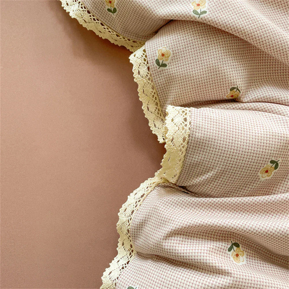 INS Girls Cherry Soft Bedding Set Washed Cotton Bed Sheet Queen King Size Duvet Set Flower Comforter Set Pillowcase Bed Linens