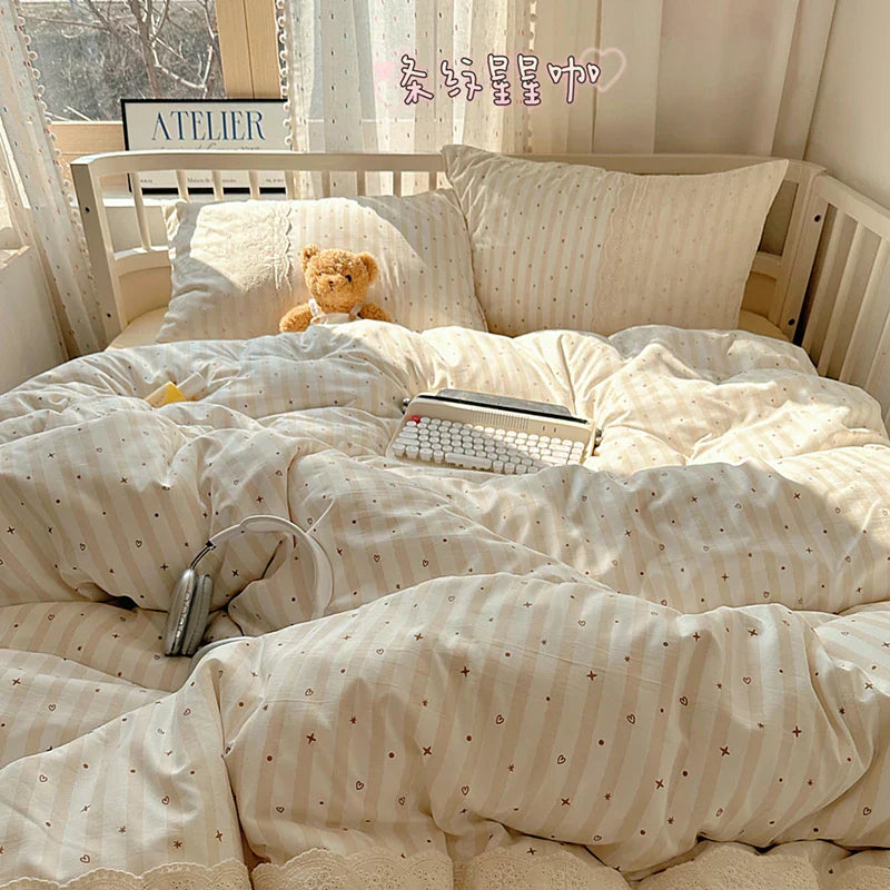 Striped Princess Bedding Set INS Nordic Girls Soft Washed Cotton Bed Flat Sheet Twin Queen Size Duvet Set Pillowcase Bed Linens