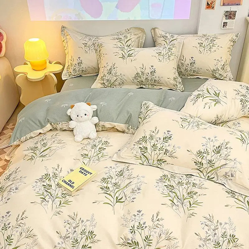Ins Floral Bedding Set with Duvet Cover Flat Sheet Pillowcases New Summer No Filler Full Queen Size Hotel Home Soft Bed Linens