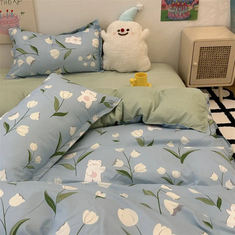 Kawaii Bedding Set Kids Adult Flat Sheet Duvet Cover Pillowcase Single Double Full Size Bed Linen Floral Cherry Home Textile