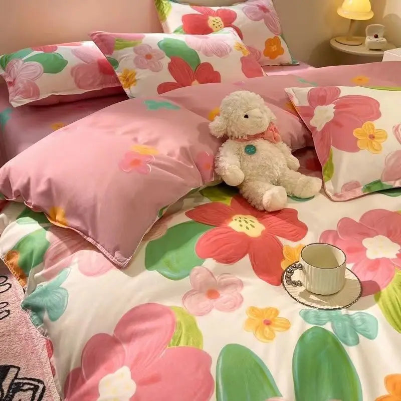 Green Floral Duvet Cover Set No Filler Pillowcase Flat Sheet Fashion Single Queen Size Girls Blanket Decoration Bedding Set