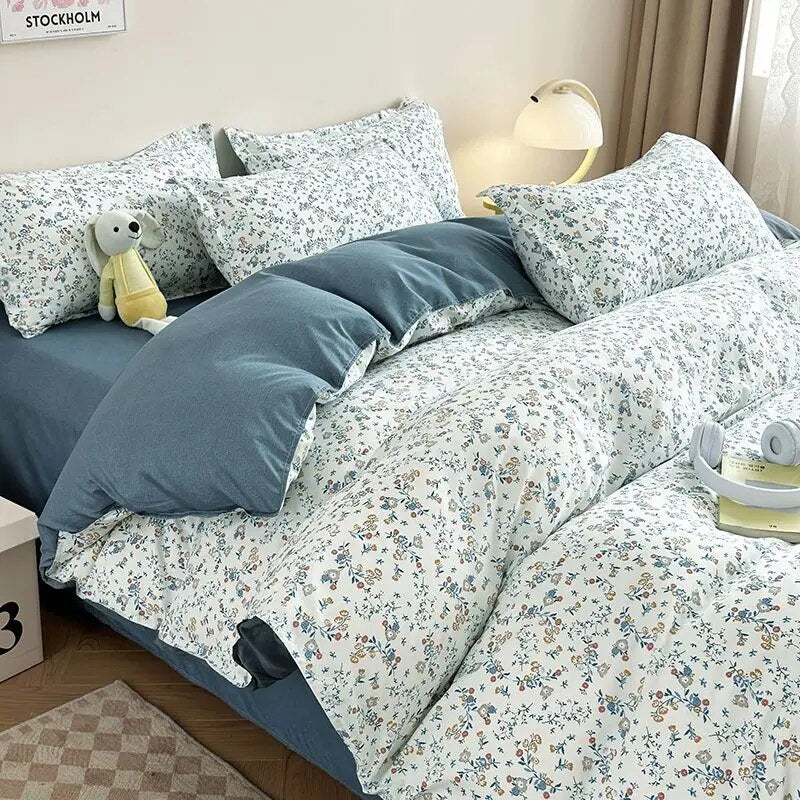 Kawaii Cherry Duvet Cover Set Pillowcase Flat Sheet Floral Boys Girls Twin Full Size Soft Bedding Kit Korean Ins Style Home Use