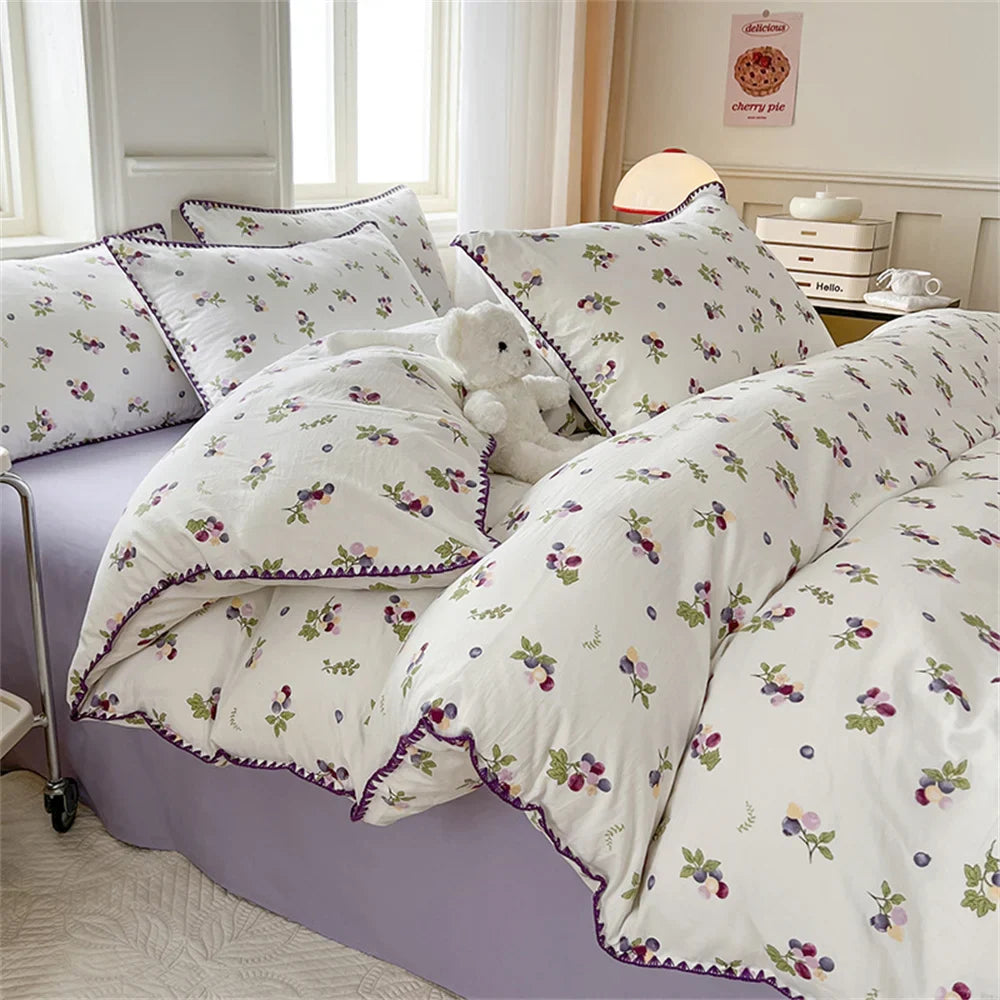 Washed Cotton Duvet Cover Purple Cherry Bed Sheet Pillowcase for Adults and Kids Home Textiles Four-piece Bedding Set