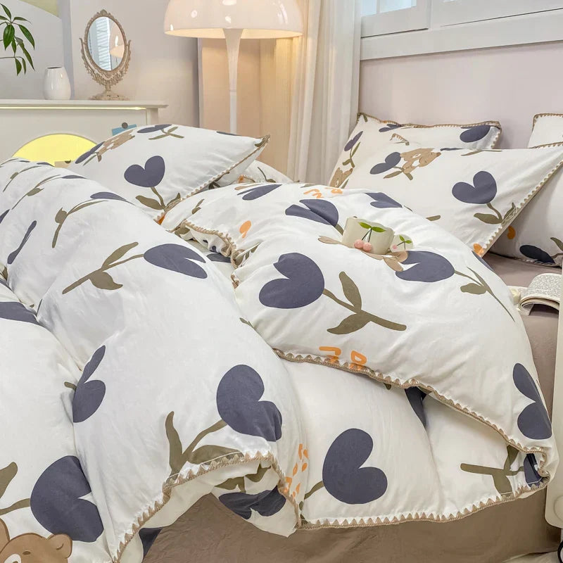 INS Girls Cherry Bedding Set Soft Washed Cotton Bed Sheet Queen King Size Simple Quilt Cover Pillowcase Bed Linens