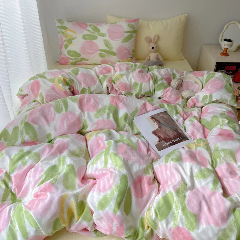 Korean Style Cute Bedding Set For Girls Bed Linen New Skin Friendly Fresh Flora Printed Washed Cotton Duvet Cover Set