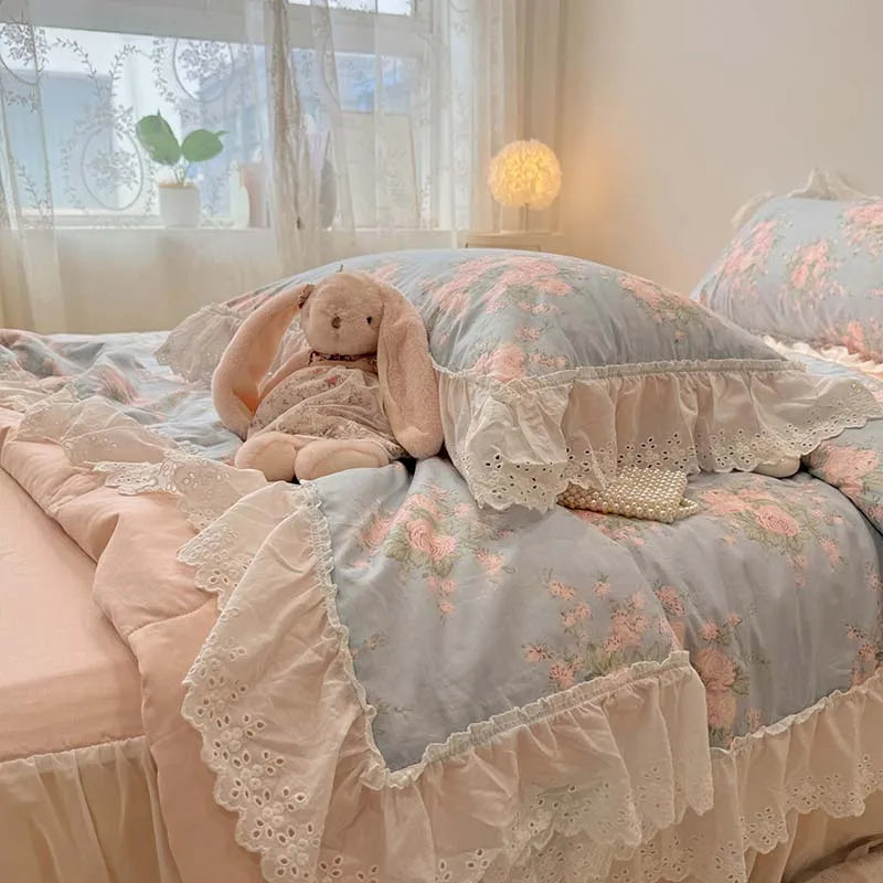 Summer Quilt 2025 New Washed Cotton Korean Ins Lace Fragmented Series  Air Condition Quilt High Quality Summer Blanket set
