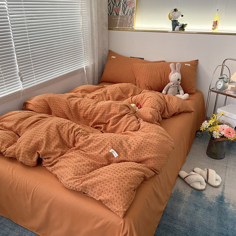 Korean Fashion Checker Four Piece Set Queen Bedding Set, Microfiber Quilt Cover Bed Sheet Set - No Comforter
