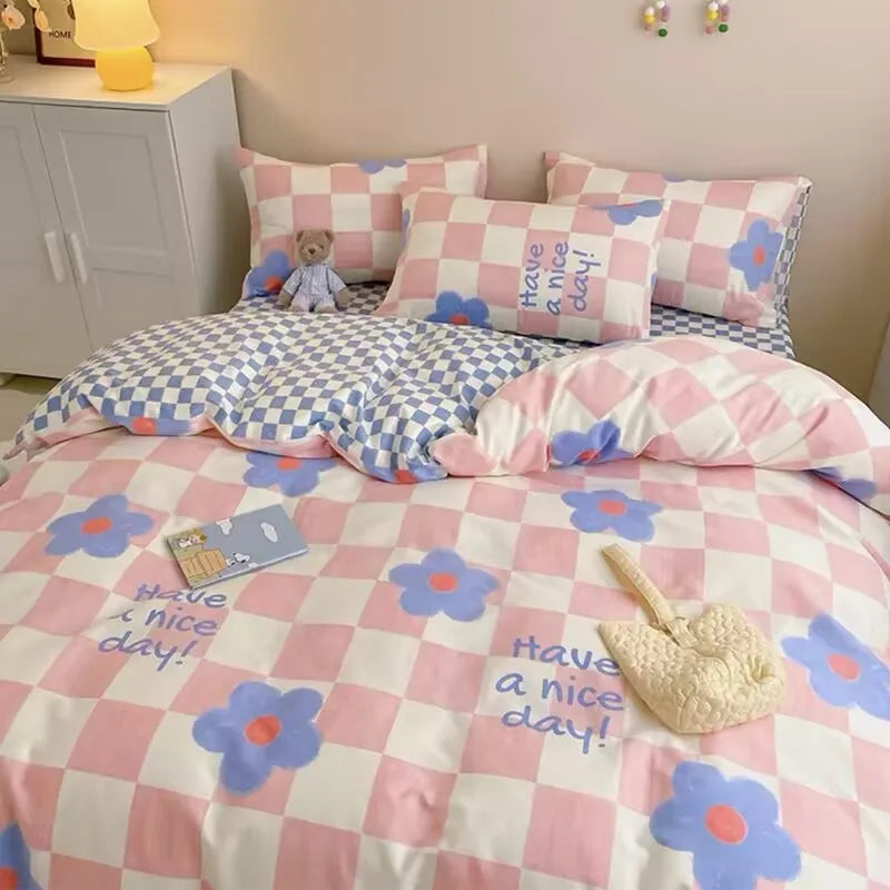 Red Cherry Plaid Duvet Cover Set with Sheet Pillowcase Soft Cover NoFilling Warm Bed Linen Twin Full Queen Size Home Bedding Set
