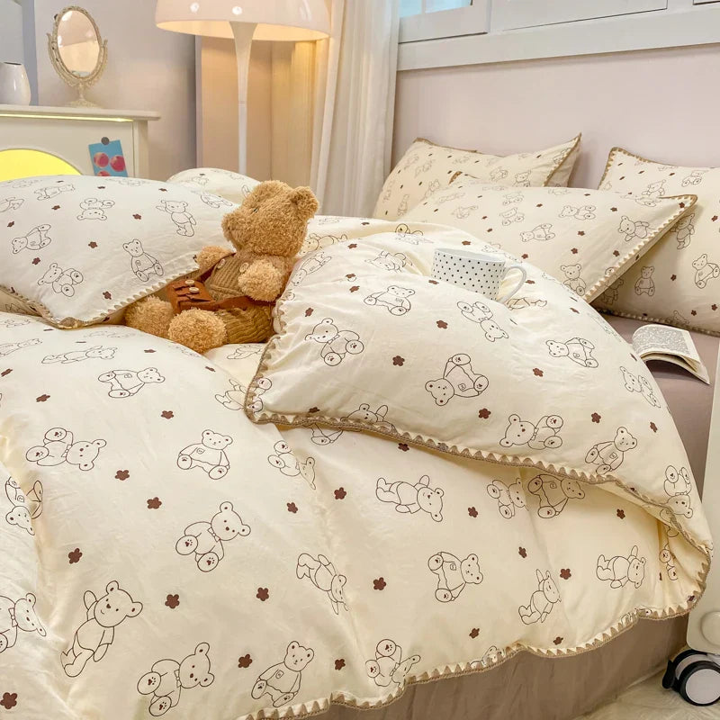 INS Girls Cherry Bedding Set Soft Washed Cotton Bed Sheet Queen King Size Simple Quilt Cover Pillowcase Bed Linens