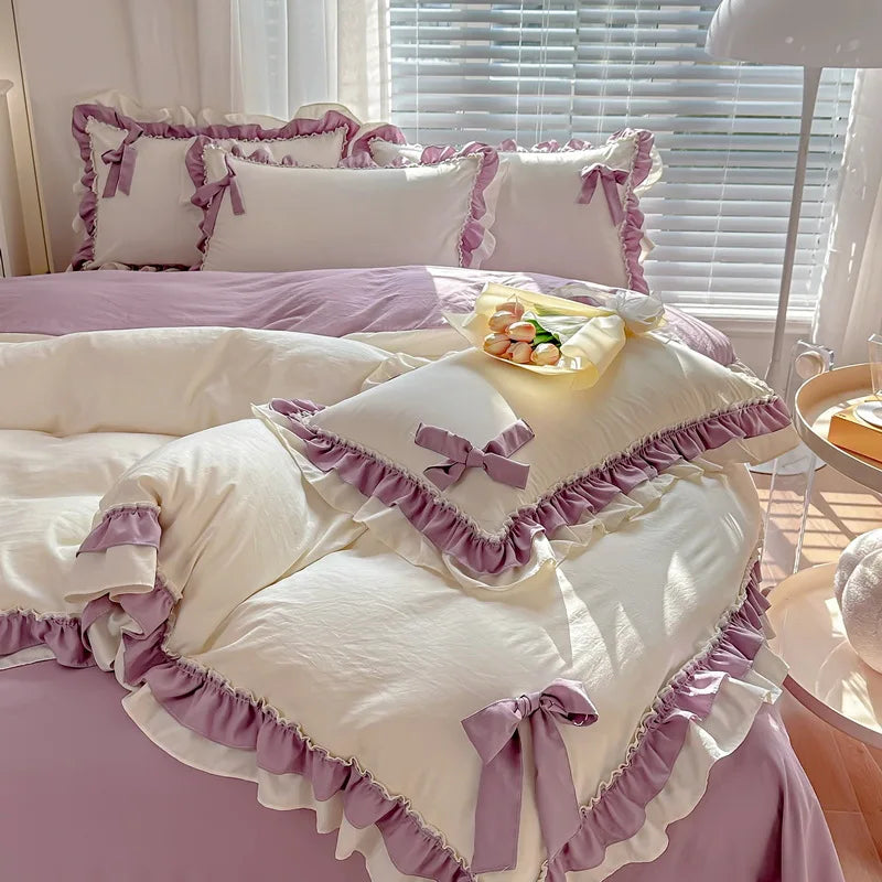 Princess Korean Style Bedding Set with Bow Pink Blue Girls Double Queen Size Duvet Cover No Filling Flat Sheet Pillowcases Kit