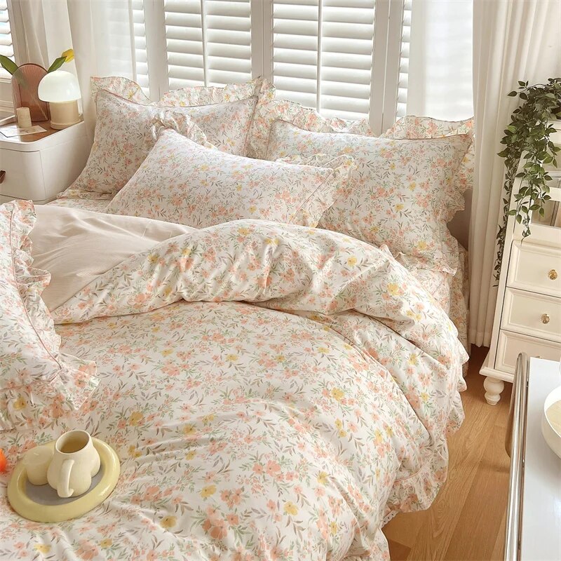 Ruffle Bedding Set 100% Cotton 1 Duvet Cover 2 Pillowcases No Sheet  Ultra Soft Touch Floral Style 200x230 220x240