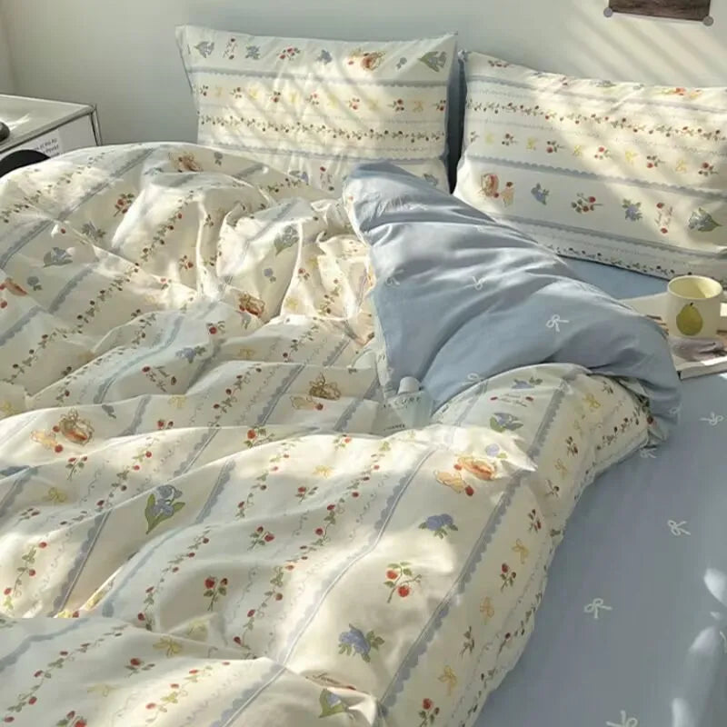 Korean Style Fashion Bedding Set Kids Adults Twin Full Queen Size Blue Bed Flat Sheet Duvet Cover Pillowcases Floral Bed Linen