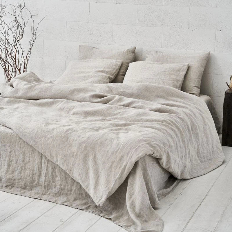 Pure Linen Bedding Set, Washed Bed Linens, Organic Flax Duvet Cover Pillowcases Fitted Sheet, Quilt Cover With Zipper Closure