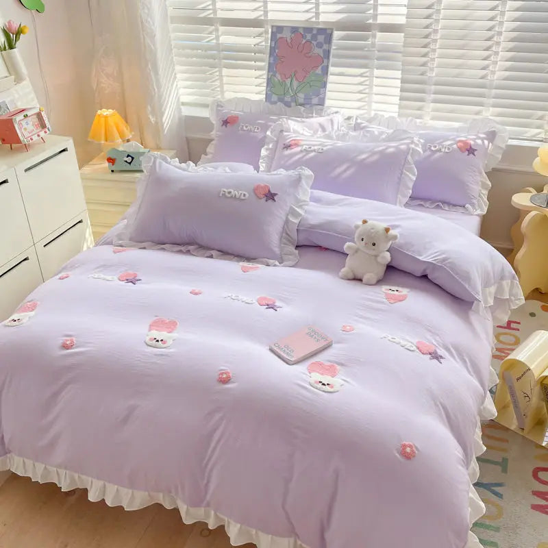 Kawaii Princess Bedding Set with White Ruffles Korean Style Girls Single Full Duvet Cover No Filling Flat Sheet Pillowcases Kit
