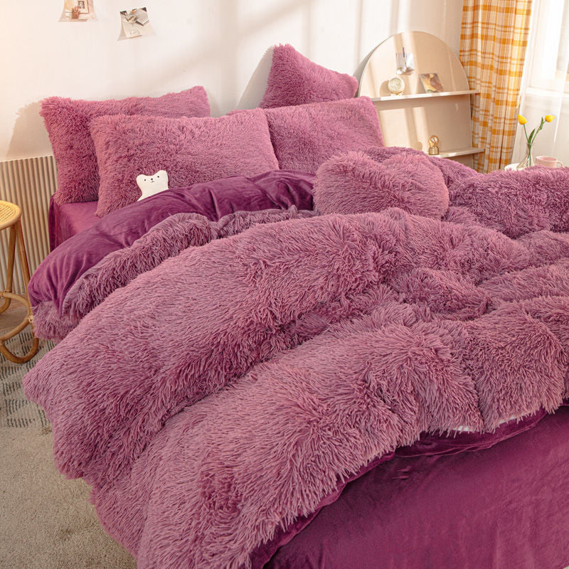 Winter Warm Blue Bedding Set Soft Plush Kawaii Mink Velvet Queen Duvet Cover Set Sheets Pillowcase Single Double Bedding Sets