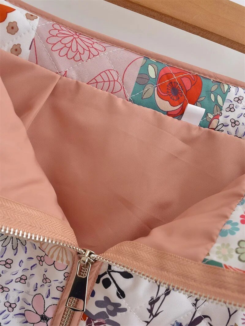 Retro Floral Zip-Up Quilted Skirt