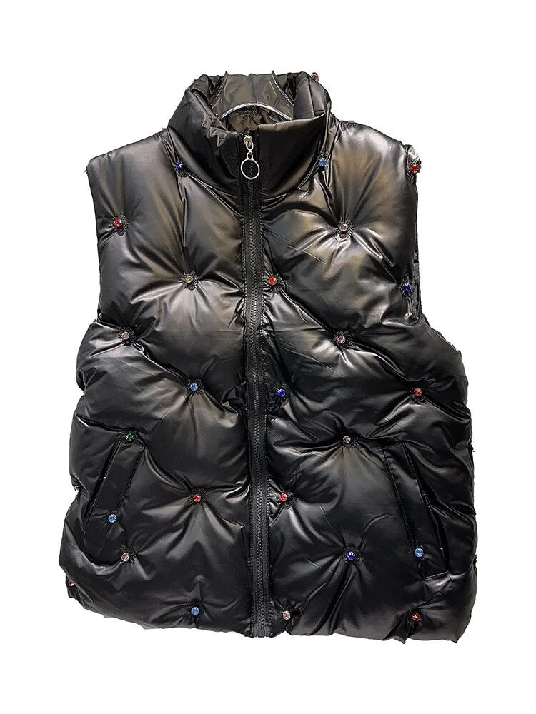 Sequined Quilted Stand Collar Vest